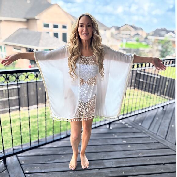 C02 Irgus Brand Kaftan Lace Insert Pom Pom Cover Up Size M $65 - Picture 2 of 16